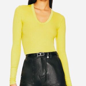 Enza Costa Silk Blend U-Neck Ribbed Pullover Yellow Long Sleeve Top S